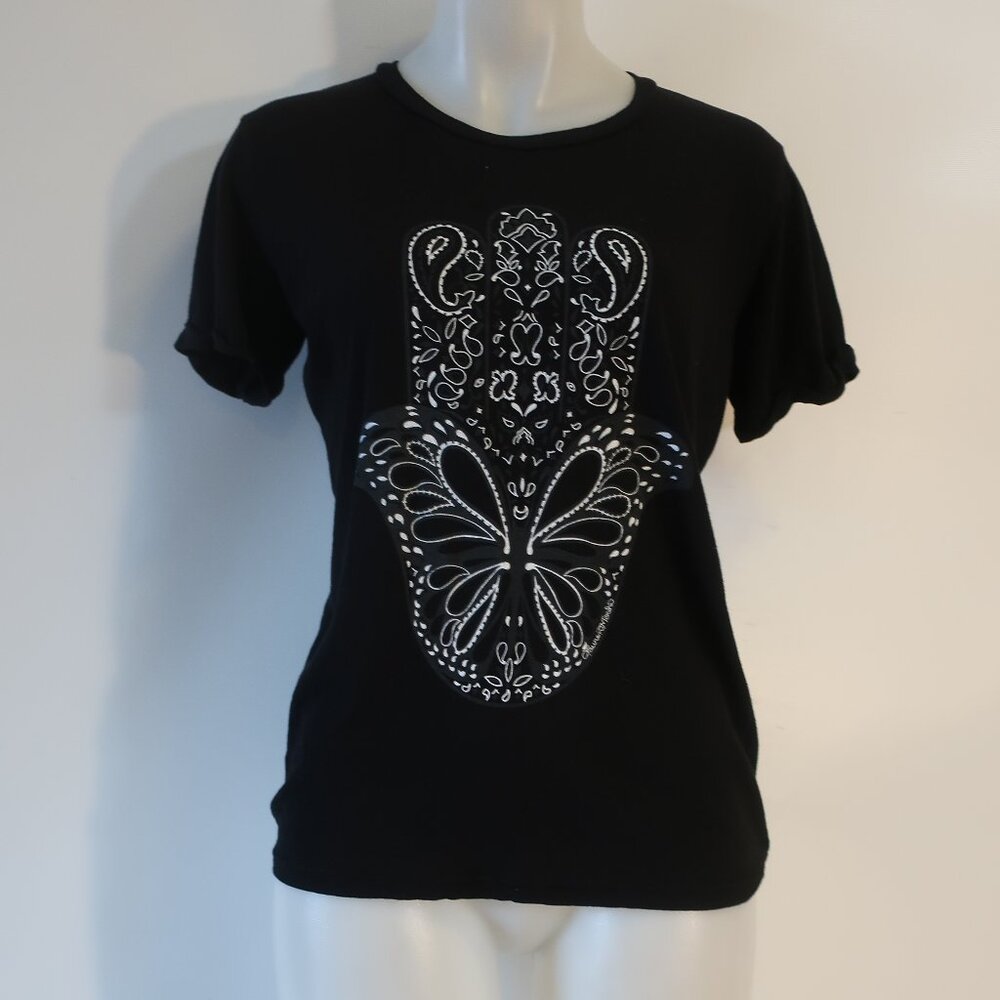 NWT Womens Lauren Moshi Black White Edda Butterfly Hamsa Graphic T-Shirt Top XS - Picture 2 of 6
